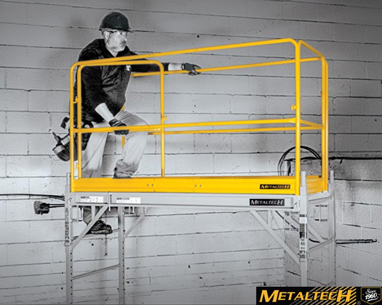 Metaltech worker standing on a yellow safety platform, emphasizing safety measures and stability in a construction or industrial setting