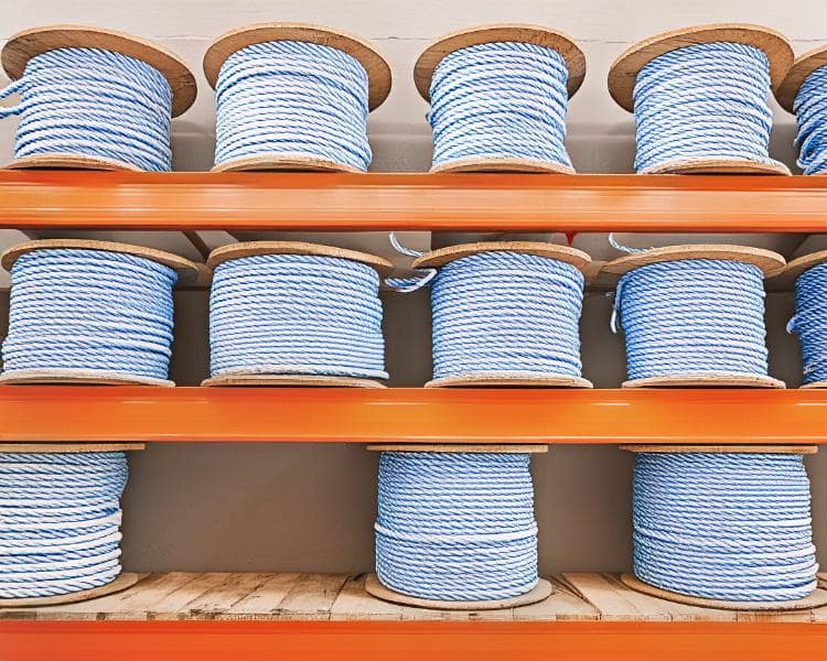 Blue steel cables stored neatly on reels in a warehouse, perfect for heavy lifting and industrial applications.